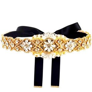 Yanstar Handmade Wedding Bridal Belt Black Gold with Rhinestone Crystals